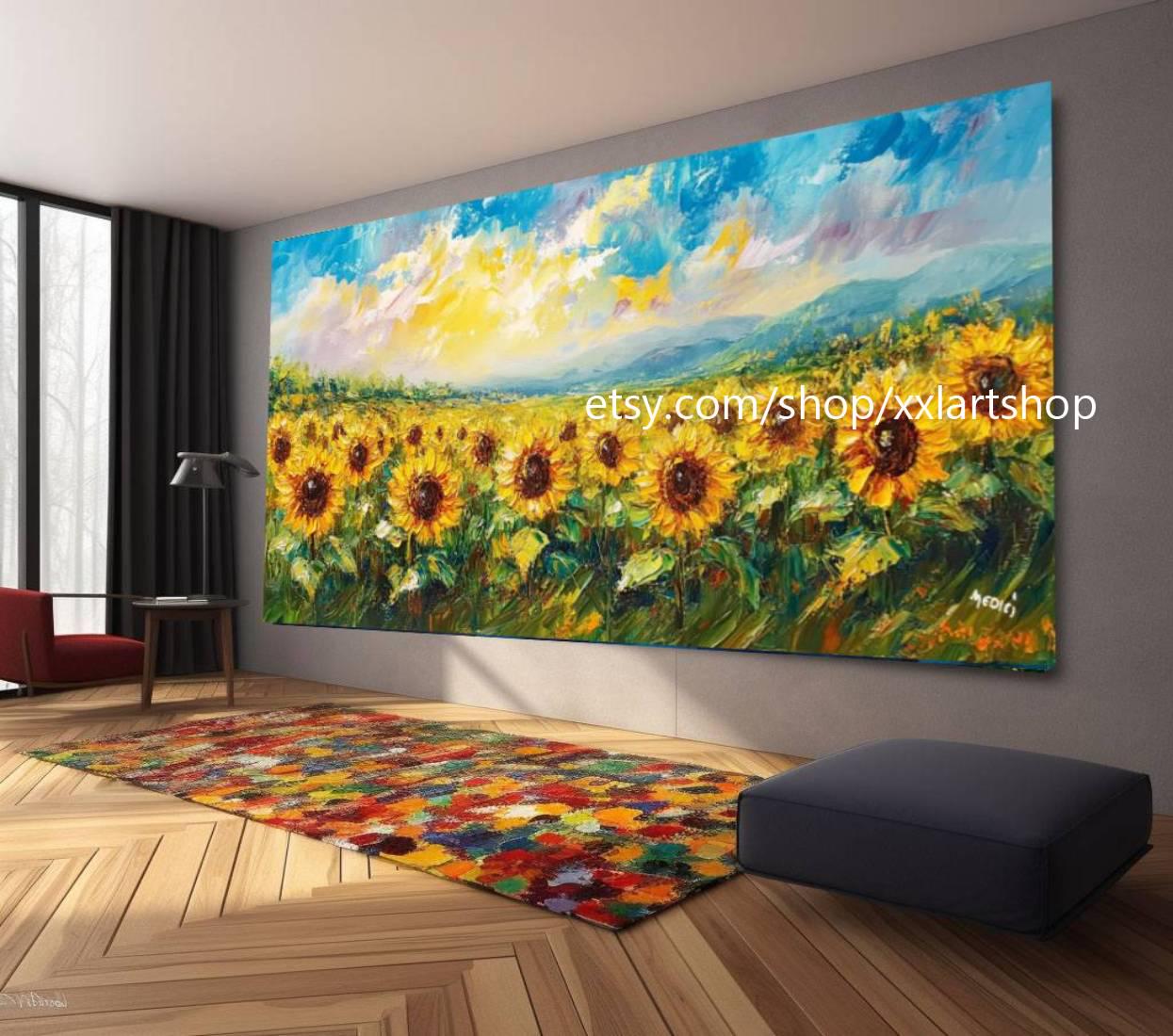 Großes Wandbild „Landschaft Sonnenblume“, Leinwanddruck, modernes Bild für Wohnzimmer und Büro, auf Keilrahmen gespannt oder gerollt #M37