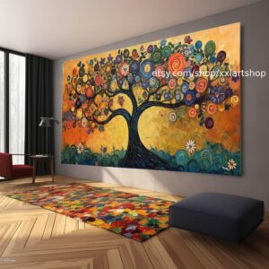 Lebensbaum im Stil von Gustav Klimt – Wandbild auf Leinwand, moderner Kunstdruck für Wohnzimmer und Büro, auf Keilrahmen gespannt oder gerollt #O110