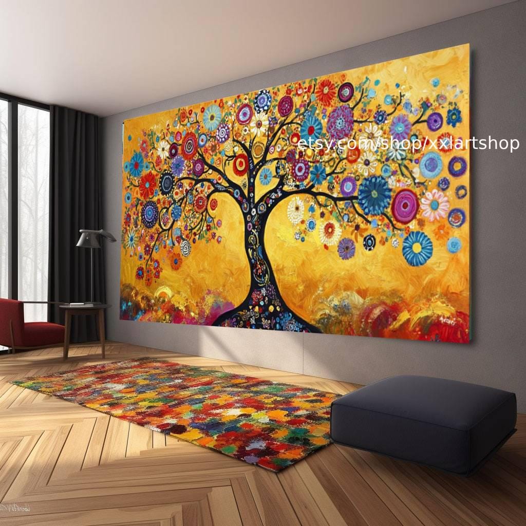 Lebensbaum im Stil von Gustav Klimt – Wandbild auf Leinwand, moderner Kunstdruck für Wohnzimmer und Büro, auf Keilrahmen gespannt oder gerollt #O105