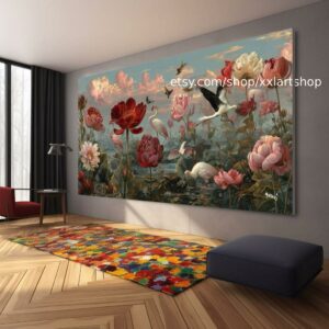 Vera Medici „Flora & Fauna Harmony“ Blumengemälde, farbenfrohe Blumenwandkunst, Vintage-Gartendekoration, strukturierte Blütenkunst, romantisch t111262